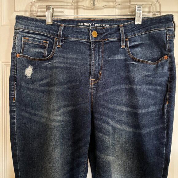 Old Navy Rockstar Jeans Sz 12 Regular Mid Rise Distressed Dark Wash Denim - Picture 3 of 8